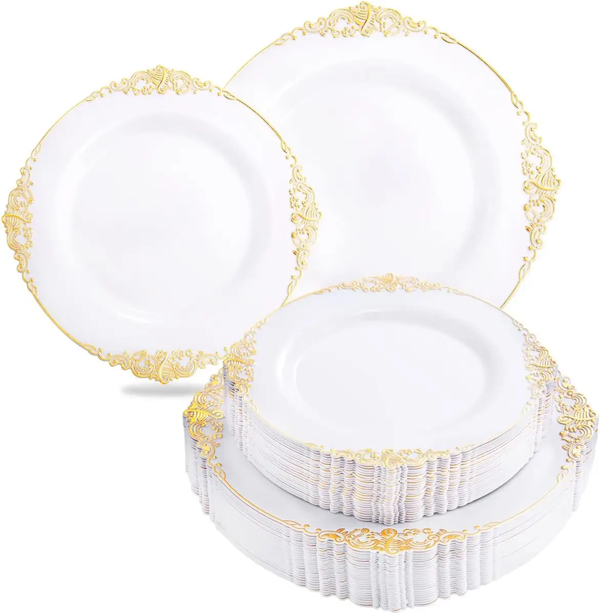 Conjunto de pratos de plástico premium para jantar, pratos luxuosos transparentes de ouro rosa com borda de renda, pratos descartáveis para casamento