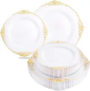 Platos de borde de encaje rosa dorado transparente de lujo platos de cargador de plástico Premium platos de cena desechables de boda