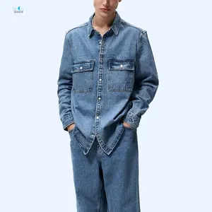 Casual düğme aşağı pamuklu Denim Jean göğüs cep moda gömlek ceket erkekler uzun kollu özel yıkanmış Denim gömlek