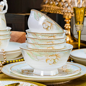 Service de table en porcelaine fine 62 pièces, vaisselle en céramique dorée de luxe, assiettes et bols, vaisselle fleurie - Product Image 5