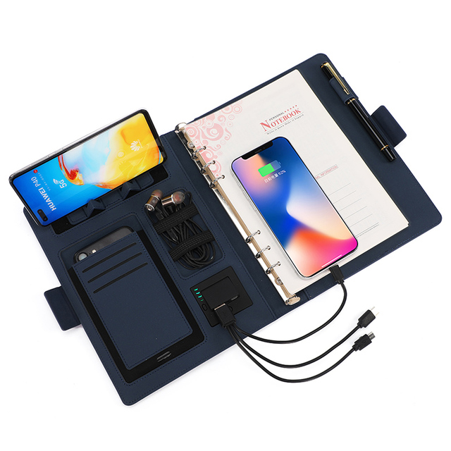Multi Functional Notebook Wireless Charging Powerbank Notebook Fabric Leather Agenda Smart Business Gift