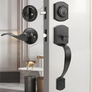 Ensemble de poignées de porte d'entrée noir mat, design français, avec serrure à cylindre unique, pour villa et hôtel - Product Image 2