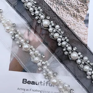 High Quality White Black Mesh Lace Sewing On Crystal Rhinestone Pearl bead lace Trim DIY Collar Belt Garment Accessories
