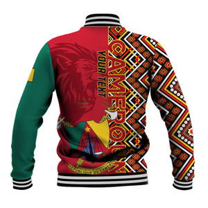 Chaqueta de Béisbol de Camerún para Hombre - Rojo/Verde, Escudo, Mangas con Estampado Africano, Puños y Dobladillo de Punto, 'TRAVAIL LIBERTE PATRIE' - Product Image 2