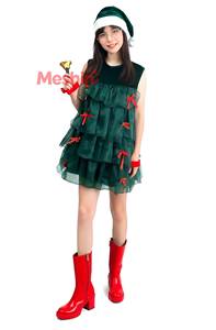 Vestido de Fiesta para Mujer Adulta MS, Verde, con Tul en Capas, Disfraz de Árbol, Lazo Rojo, Sombrero Navideño, Traje para Actuación en Escenario - Product Image 6