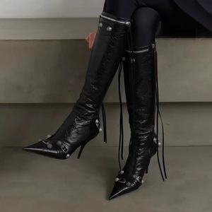 2025 Black Leather Botas Para Mujer <b>Tassel</b> Designer Lady Party <b>Shoes</b> Luxury Women Boots Knee High Heel Boots - Product Image 4