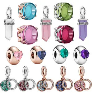 Fit Original Brand DIY Bracelet Fine Jewelry 925 Silver Green Blue Pink Red Purple White Murano Glass Large Zircon Charm Beads