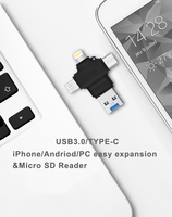 Unidad Flash USB 4 en 1 OTG de Plástico, 16GB/32GB/64GB/128GB/256GB, USB 3.0 Tipo C para iPhone IOS Android, con Lector de Tarjetas TF