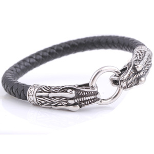 Double Head Dragon <b>Leather</b> <b>Bracelet</b> 8mm Stainless Steel Animal Pattern Fashion Jewelry Gift - Product Image 3