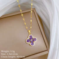 Set Perhiasan Kalung dan Anting Tusuk Desain Unik untuk Wanita, Bertabur Zirkon Amethyst, Liontin Bunga Empat Daun, Grosir Pabrik