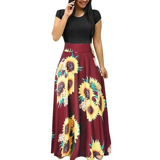 Women Floral Print Maxi Dress Vintage Splice Casual Short Sleeve Dress Plus Size Elegant Ladies Long Dresses Vestidos