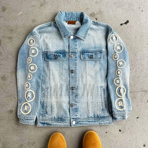 Veste en jean surdimensionnée personnalisée avec patchs effet vieilli et strass de haute qualité pour homme – Vente en gros - Product Image 1
