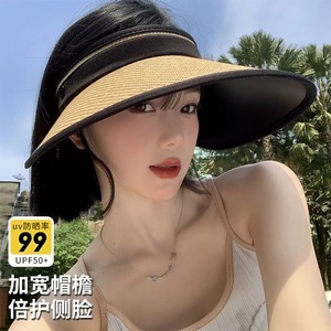 Visera negra de ala ancha, sombrero ajustable con protección solar para mujer, uso en exteriores en verano, tela de poliéster transpirable - Product Image 3