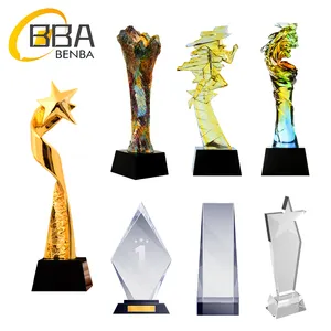 Customized plaque solid momentoes cheap metal crystal glass acrylic award trophy blank crystal block wooden base crystal trophy