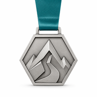 Médailles de sport en métal personnalisées en alliage de zinc 3D, hexagonales, argentées, pour la randonnée en montagne, la course de trail, avec ruban