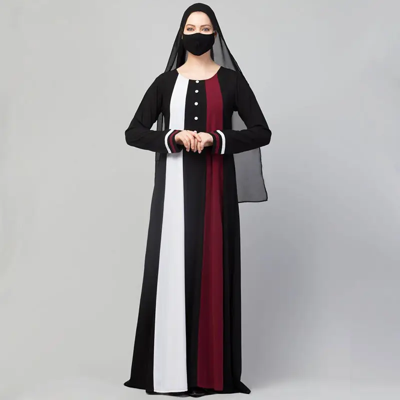 Sommer hochwertige mehrfarbige Kaftan lässige muslimische Frauen große Größe Rundhals ausschnitt Langarm Maxi Abaya Kleid