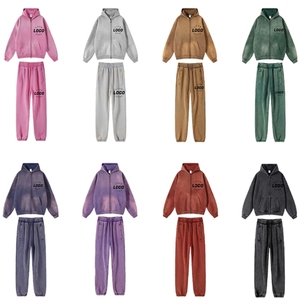 Tùy Chỉnh Nhà Sản Xuất Logo In Quá Khổ Rửa Đầy Đủ-Zip Thời Trang Đi Bộ Bông Đồ Họa Cổ Điển Rhinestone Trùm Trước Áo Khoác Thiết Lập Cho Nam Giới - Product Image 1