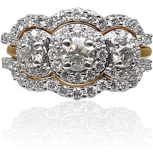 14k Yellow Gold Round Brilliant Diamond Three Stone Halo Engagement <b>Ring</b> Women's Bridal Jewelry Set - Product Image 6