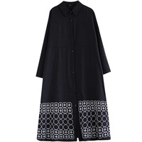 Nouvelle Robe Chemise Trapèze Femme Printemps 2026, Coupe A-Line, Manches Longues, Grande Taille, Broderie Florale, Ourlet Midi, Ample et Décontractée, Noire