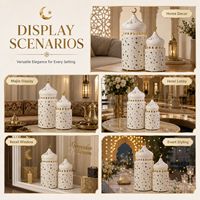 Lot de 2 lanternes de Ramadan en métal blanc crème, décorations islamiques pour le sol avec découpes croissant de lune et étoile