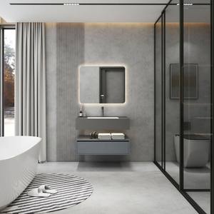 Meuble de salle de bain mural de style hôtel de luxe léger, avec lavabo en dalle de roche double couche sans joint et grande capacité de rangement - Product Image 1