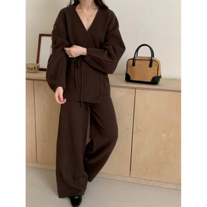 2026 musim dingin baru renda berkumpul mantel kardigan anyaman celana kaki lebar pinggang tinggi wanita rajutan 2 potong Set - Product Image 3