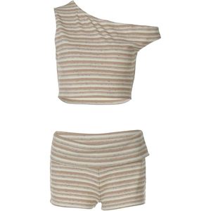 ชุดเซ็ต 2 ชิ้นสำหรับผู้หญิง รุ่นคัสตอม 2026 เสื้อครอปไหล่เดียวลายทางและกางเกงขาสั้น ชุดลำลองฤดูร้อน ผ้าถักผสมสแปนเด็กซ์และคอตตอน ระบายอากาศได้ดี - Product Image 5