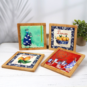 Sous-verres carrés en céramique personnalisables, écologiques, imprimés UV, avec supports en bambou pour planches à découper, style portugais - Product Image 4