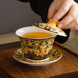 Cloisonn Silver Three Piece Gaiwan Teacup With Lid Porcelain Infuser Dehua Kung Fu <b>Tea</b> <b>Set</b> For Home Use - Product Image 4