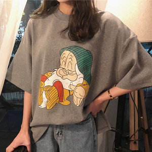 Korean Style Cartoon Printed T-Shirt For Women Gray Loose Fit Casual Top Split Hem Jersey Fabric Daily Wear - Product Image 1