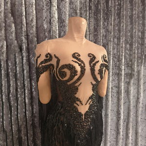 Vestido de Baile Sexy con Capa de Malla Transparente con Patrón de Pavo Real Negro y Borlas Largas para Grupo de Chicas, Ropa de Baile para Escenario, Drag Queen - Product Image 3
