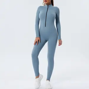 Flash Verkoop Butt Lifting Vrouwen Bodysuits Gym Bodycon Lange Mouw V-Hals Rijke Hold Rits Jumpsuit Playsuit