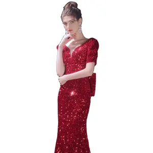 Elegant V Neck Bright Eye Catching Red Sequined Bridal Mermaid Maxi Dress Back Bow Evening Party Prom Gown Evening Dresses