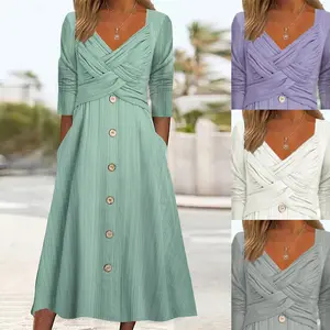 Benutzer definierte Logo-Designs Vintage V-Ausschnitt Print Party kleid Frauen Frühling Sommer Kurzarm Kleid Elegant Plus Size Patchwork Casual