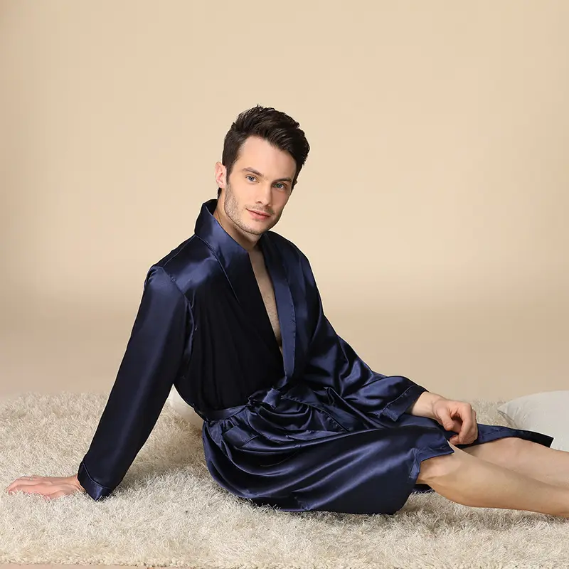 Pijama de seda de imitación para hombre, ropa de dormir de manga larga