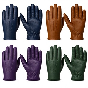 Leather <b>Touchscreen</b> <b>Gloves</b> Wrist Length Plain Style Fur Lined Eco-Friendly Daily Use Four Seasons Warmth Protection Navy Brown - Product Image 2