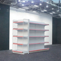 Étagère de présentation double face pour supermarché, rayonnage métallique pour épicerie avec panneau latéral en maille, bord avant rose, rayonnage de vente au détail