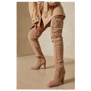 Botas altas de tacón grueso con cremallera trasera y punta cuadrada de gamuza de color liso para mujer, botines de caña alta con media cremallera lateral por encima de la rodilla para damas - Product Image 4