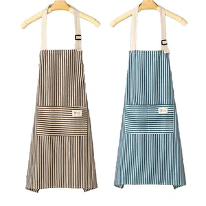 DS1742 Stripe Cotton Linen Apron Kitchen Cooking Aprons Adjustable Bib Soft Chef Apron with 2 Pockets for Men Women