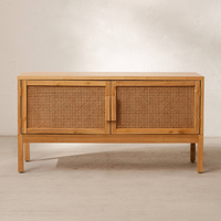 Meuble TV en bois massif avec porte en rotin naturel tressé, console multimédia, armoire de rangement pour salon