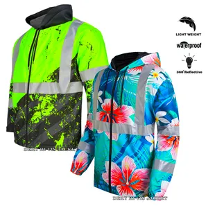 Custom Fluorescent Lightweight Hi Vis Rain Coat Hawaiian High Visibility Safety Jacket Waterproof Reflective Work Windbreaker