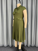 ADR060398 Robe décontractée à col nœud, manches courtes, plissée, grande taille, robes vertes pour femmes