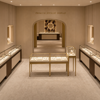 Ensemble de vitrine de présentation de bijoux commerciaux, cadre en métal couleur laiton, table de présentation en verre avec éclairage LED pour bijouterie