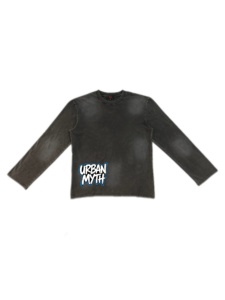 T-shirt Urban Myth Gothic con design <span class=keywords><strong>testo</strong></span> blu <span class=keywords><strong>e</strong></span> <span class=keywords><strong>bianco</strong></span>, lavaggio <span class=keywords><strong>nero</strong></span>, manica lunga, streetwear, abbigliamento urbano, oversize - Product Image 1