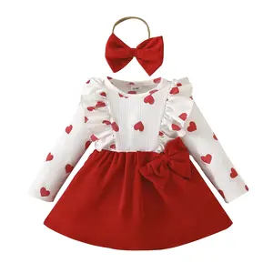 Entzückende süße Baby Valentinstag Kleid Langarm Liebe Bogen Rock Kleider für Baby Mädchen Kinder Kleidung Großhandel