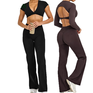 ชุดโยคะ 3 ชิ้น คุณภาพสูง แบบสั่งทำพิเศษ ไซส์พลัส เสื้อคอวีลึกเซ็กซี่ กางเกงขาบานทรงหลวม สวมใส่สบาย ผลิตจากผ้าสแปนเด็กซ์/ไนลอน - Product Image 1