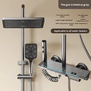 Conjunto de Chuveiro Digital Inteligente com Display, Termostático, Luz Ambiente, Cabeça de Chuveiro Quadrada Cinza Gunmetal, Montagem na Parede, Chuveiro Oculto - Product Image 3