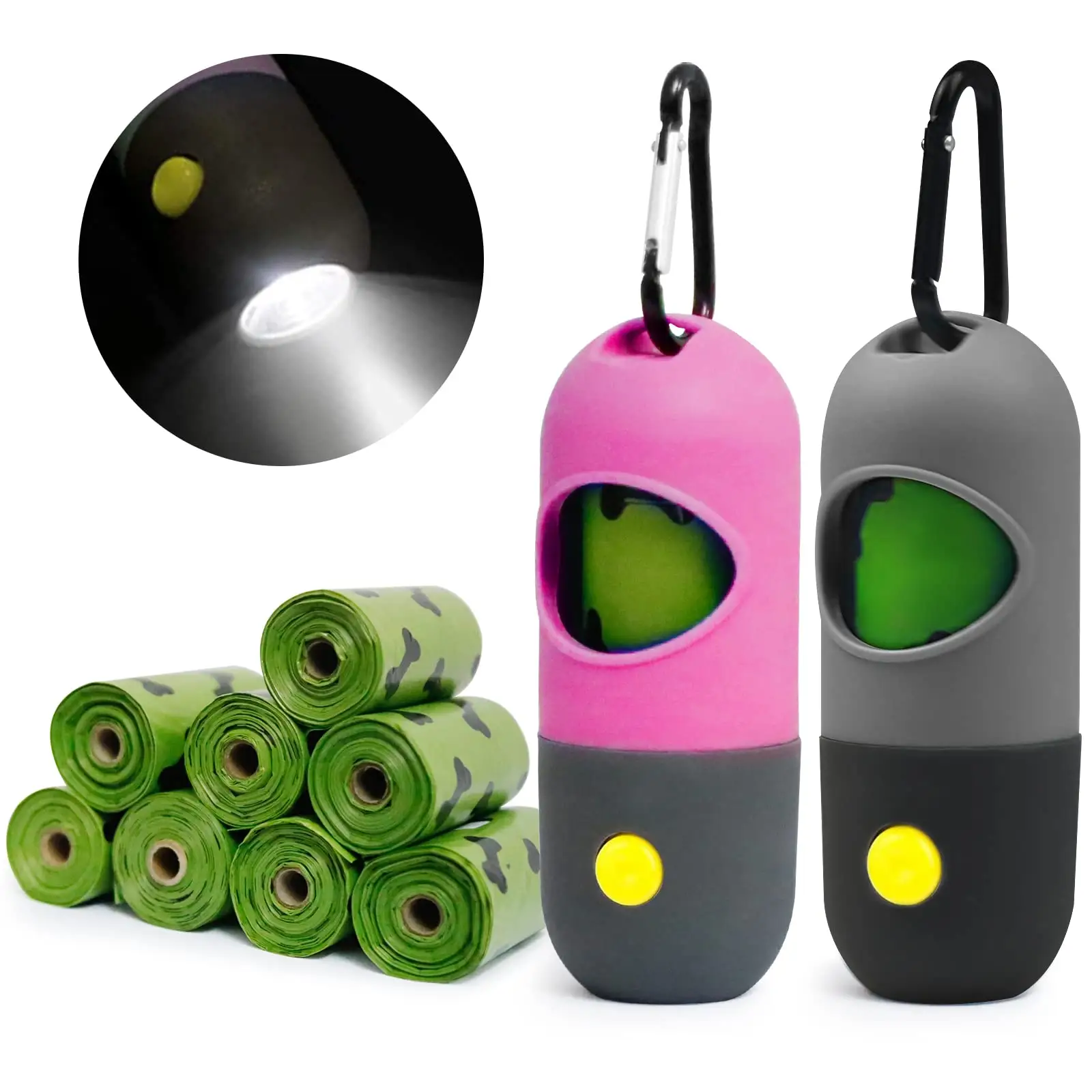 Dispenser per sacchetti di cacca di cane per animali domestici accessorio per la camminata del cane con supporto per borsa per rifiuti di animali domestici con torcia a LED