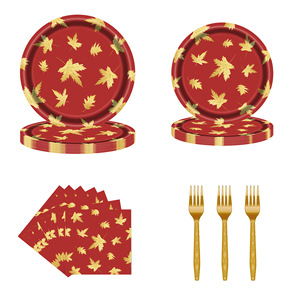 Ensemble de vaisselle jetable pour fête sur le thème des feuilles d'érable d'automne, assiettes, gobelets, serviettes, couverts, mariage, fête du Nouvel An, style élégant - Product Image 3