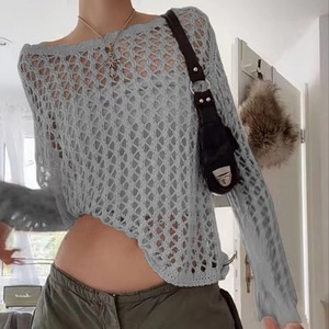 Suéter de punto calado con cuello redondo y cordones para mujer, talla grande, holgado, de manga larga, color liso, ropa exterior, novedad 2026 - Product Image 5